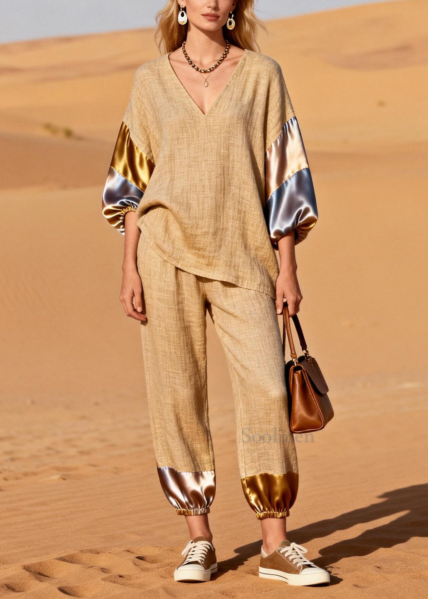 Chic Khaki Oversized Patchwork Linen Two Pieces Set Spring
