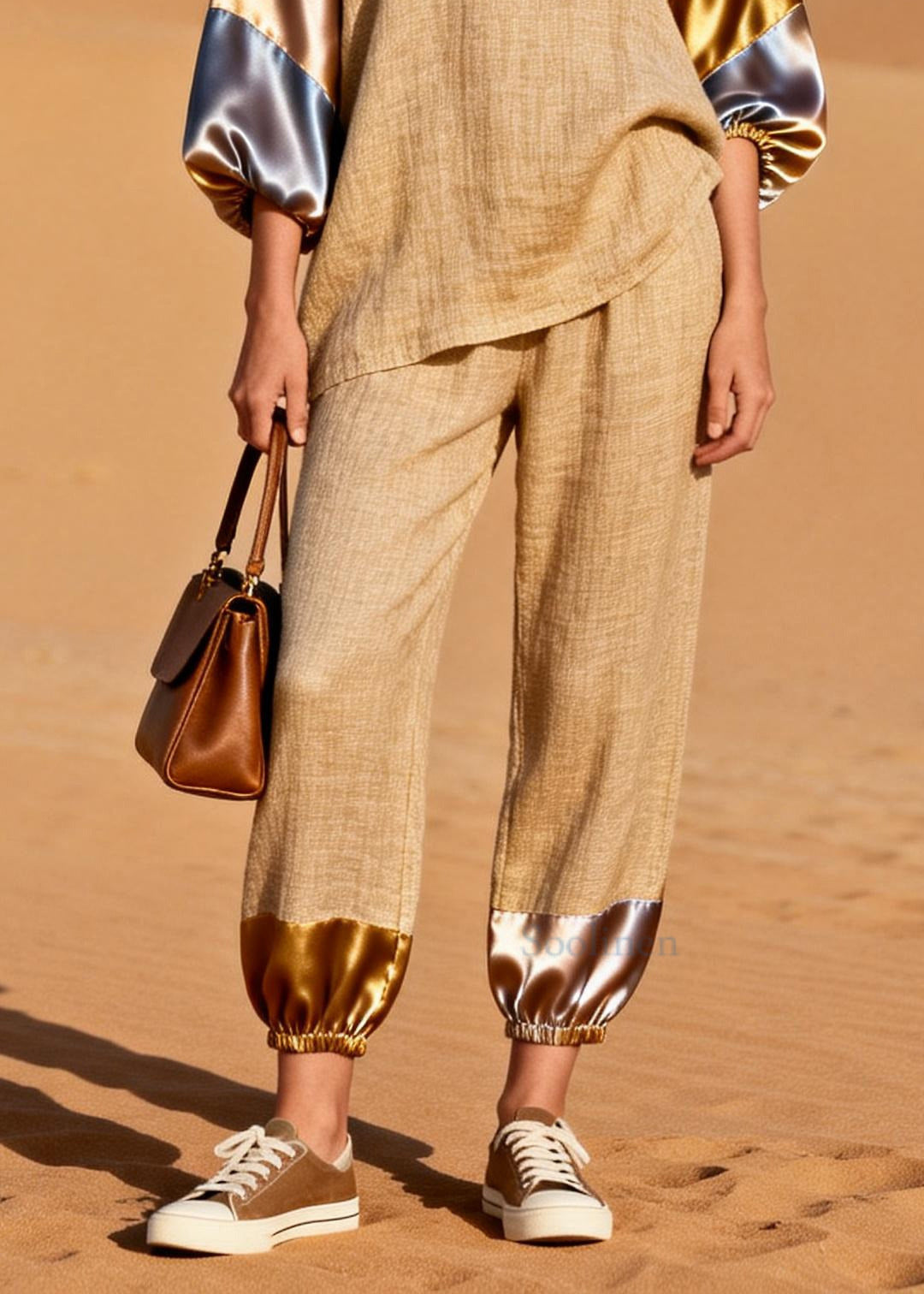 Chic Khaki Oversized Patchwork Linen Two Pieces Set Spring