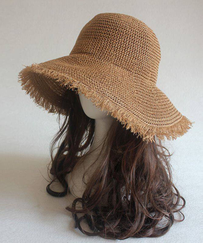 Chic Khaki Tassel Straw Woven Floppy Sun Hat