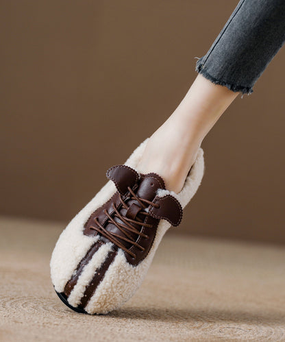 Chic Lace Up Splicing Flat Feet Shoes Beige Fuzzy Fur