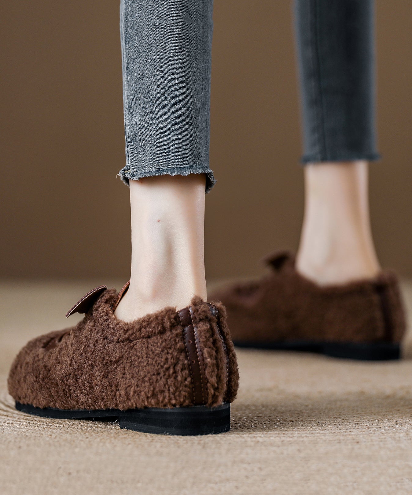 Chic Lace Up Splicing Flat Feet Shoes Beige Fuzzy Fur