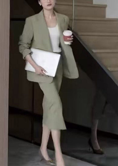 Chic Light Green Notche Coats And Maxi Skirts Two Pieces Set Spring