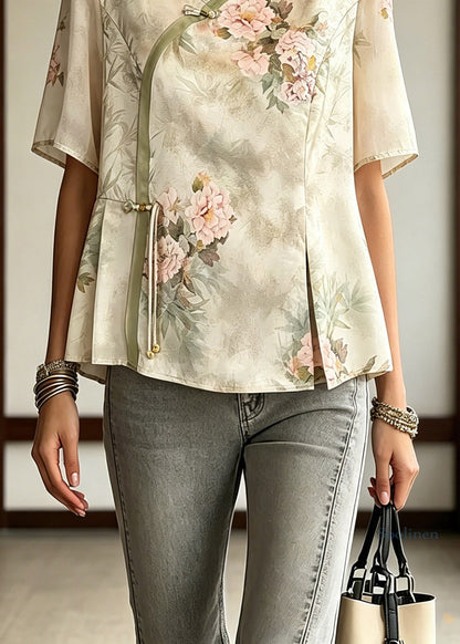 Chic Light Green V Neck Patchwork Button Chiffon Top Summer