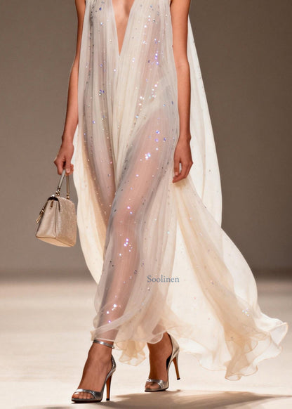 Chic Loose V Neck Zircon Chiffon Dress Sleeveless