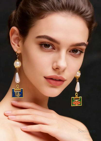 Chic Metal Lock Asymmetrical Design Fine Pearl Drop Earrings