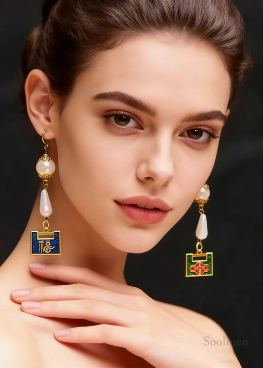Chic Metal Lock Asymmetrical Design Fine Pearl Drop Earrings