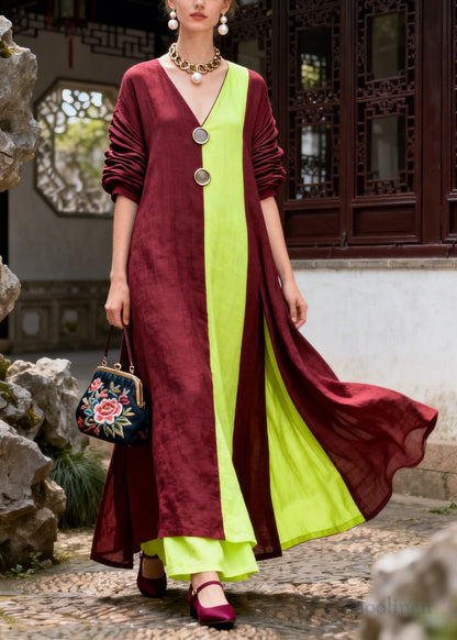 Chic Mulberry Asymmetrical Patchwork Cotton Maxi Dresses Fall