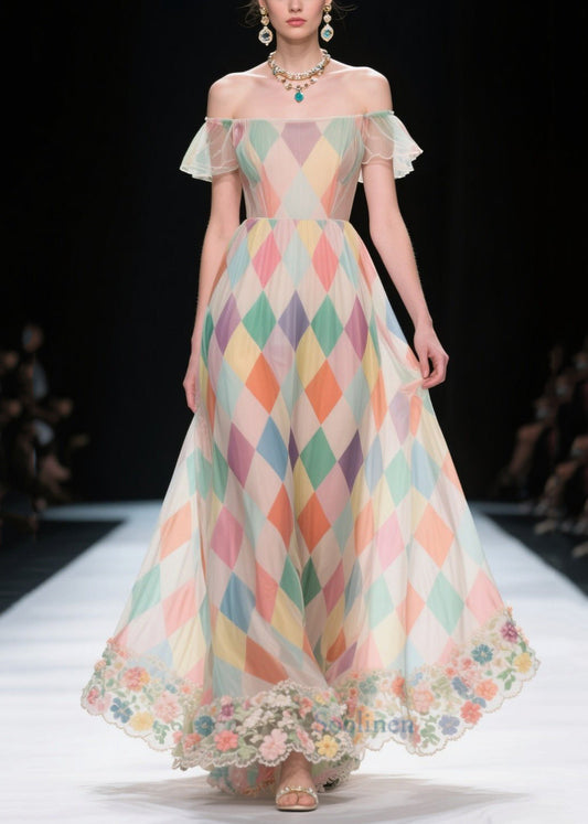 Chic Multicolour Plaid Patchwork Lace Chiffon Strapless Dress Summer