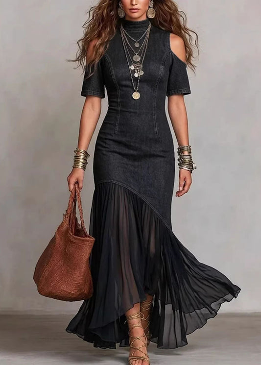 Chic Navy Cold Shoulder Tulle Patchwork Denim Dress Summer