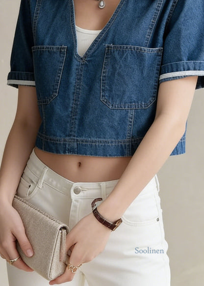 Chic Navy Peter Pan Collar Pockets Denim Short Top Summer