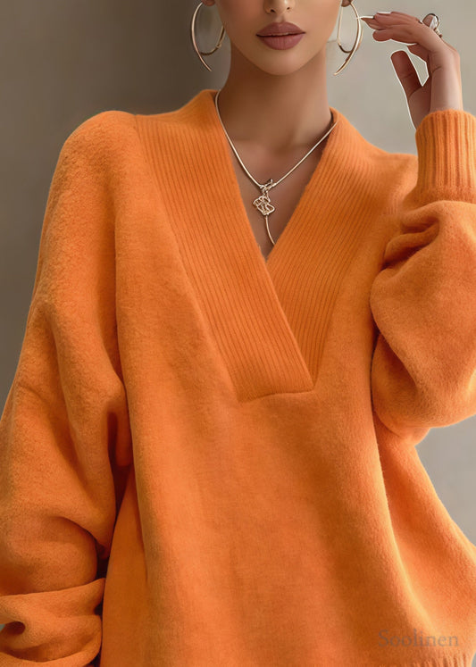 Chic Orange Oversized Warm Knit Sweaters And Shorts Two Piece Set Winter