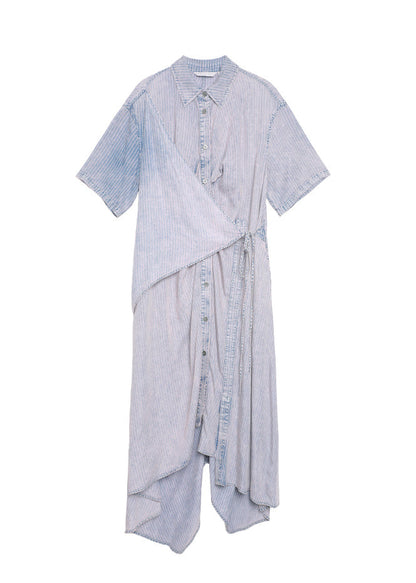Chic Peter Pan Collar Asymmetrical Design Lace Up Patchwork Denim Dress Summer