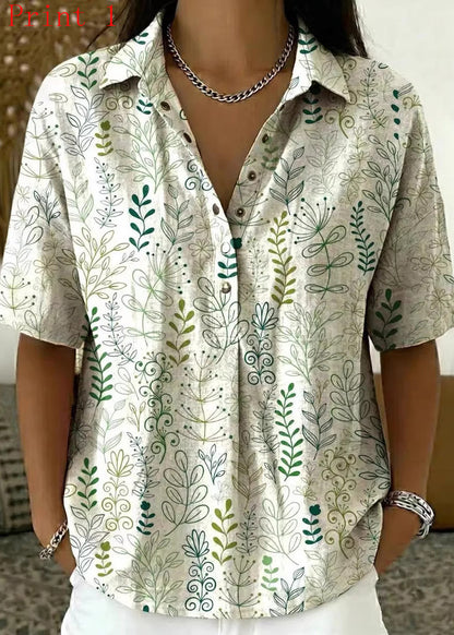 Chic Peter Pan Collar Print Cotton Shirts Summer