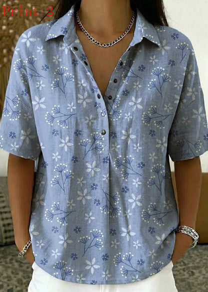 Chic Peter Pan Collar Print Cotton Shirts Summer