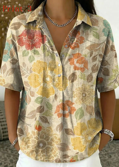 Chic Peter Pan Collar Print Cotton Shirts Summer