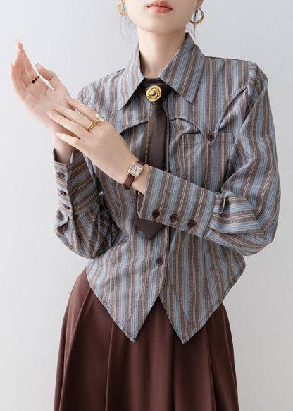 Chic Peter Pan Collar Striped Cotton Shirts Top Spring