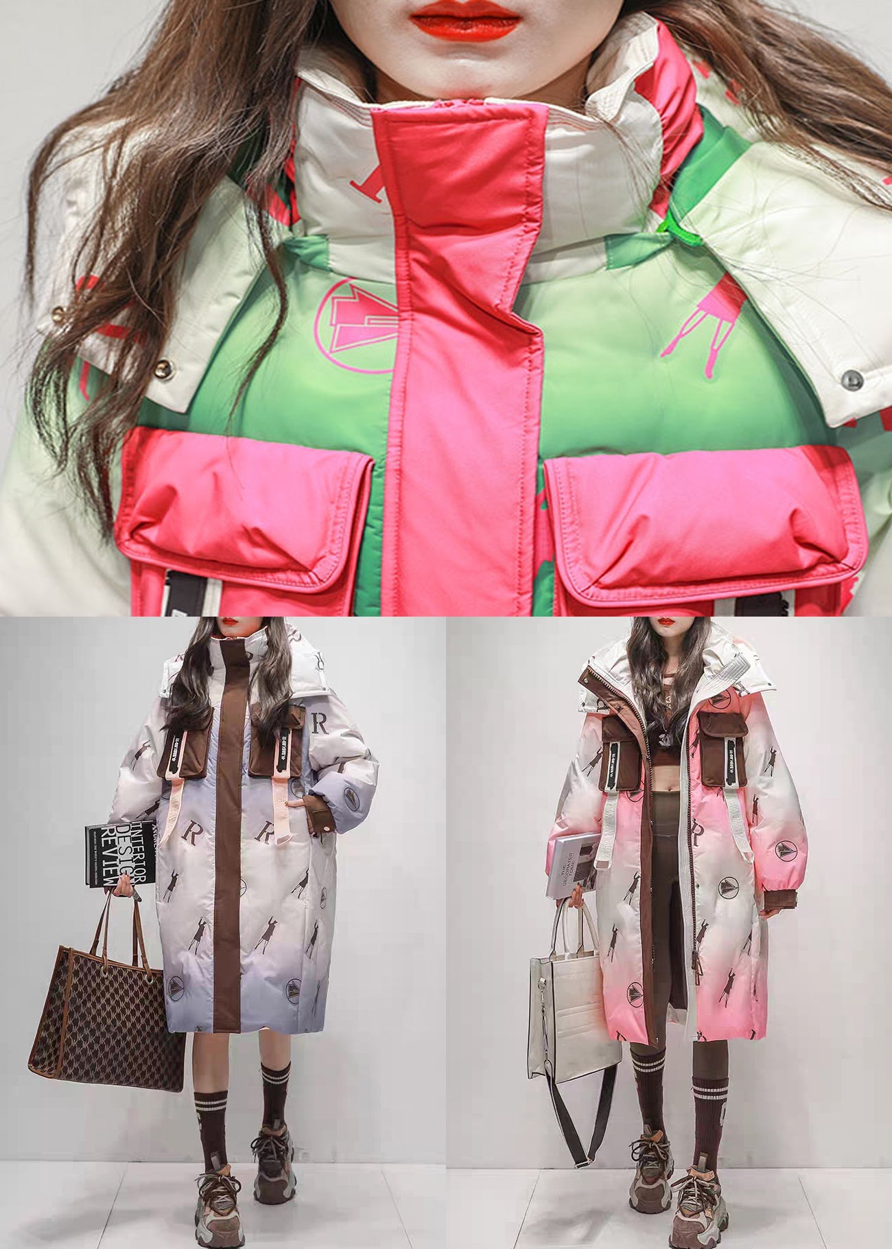 Chic Pink Gradient Color Hooded Zippered Duck Down Long Coats Winter
