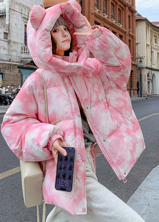 Chic Pink Hooded Tie Dye Fine Cotton Filled Jackets Winter