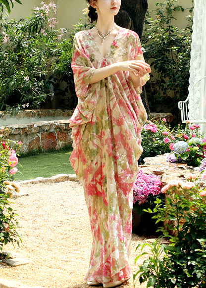 Chic Pink Print Wrinkled Silk Maxi Dresses Batwing Sleeve