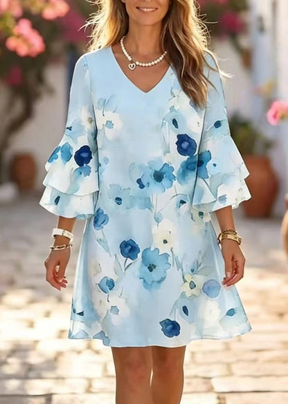 Chic Pink V Neck Print Chiffon Mini Dress Summer