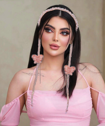 Chic Pink Weave Crystal Butterfly Tassel HairPiece