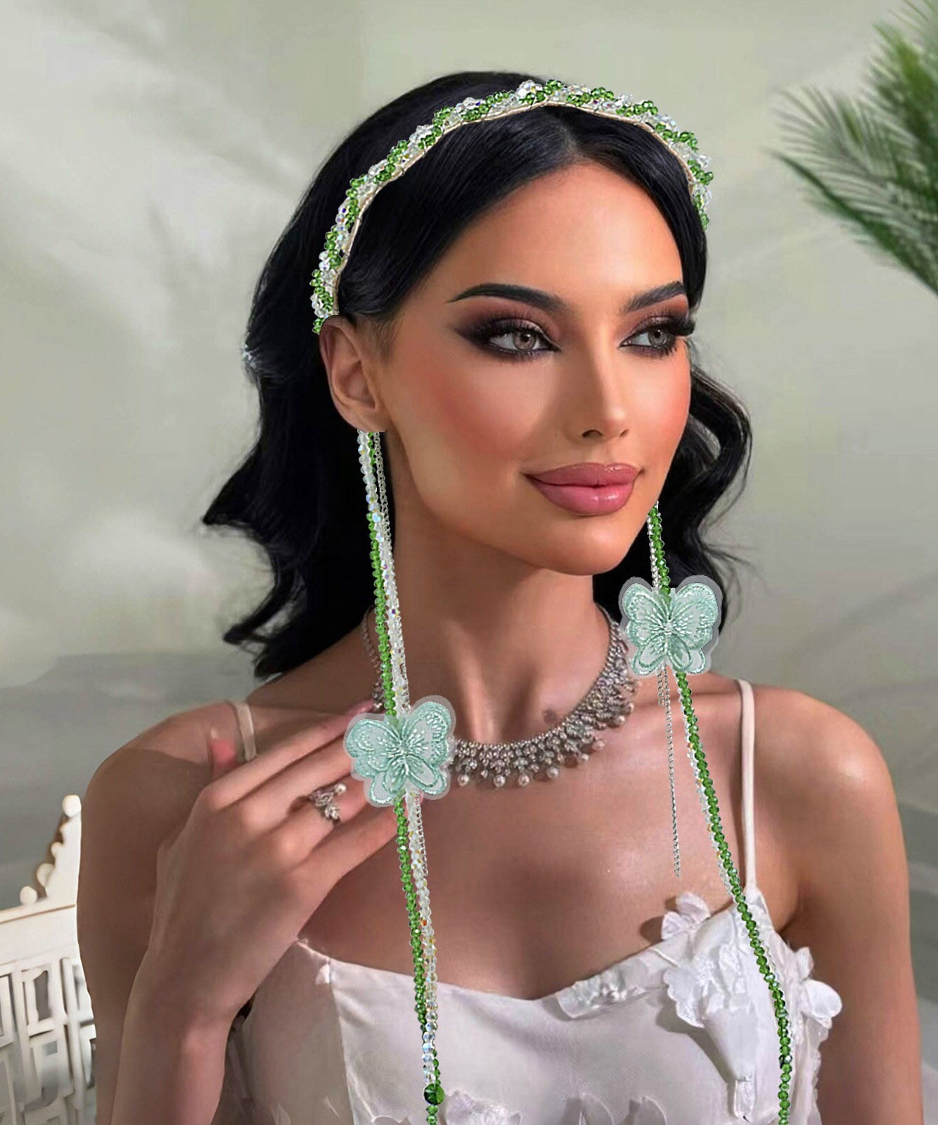 Chic Pink Weave Crystal Butterfly Tassel HairPiece