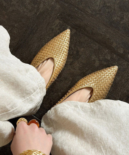 Chic Pointed Toe Wedge Shoes Gold Cowhide Leather