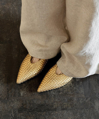 Chic Pointed Toe Wedge Shoes Gold Cowhide Leather