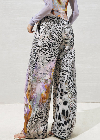 Chic Purple Leopard High Waist Cotton Wide Leg Pants Summer