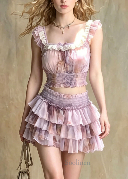 Chic Purple Ruffled Patchwork Tulle Two Pieces Set Summer