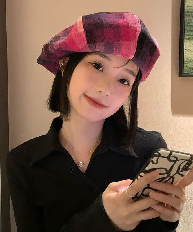 Chic Red Plaid Versatile Woolen Beret Hat