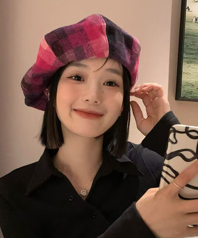 Chic Red Plaid Versatile Woolen Beret Hat