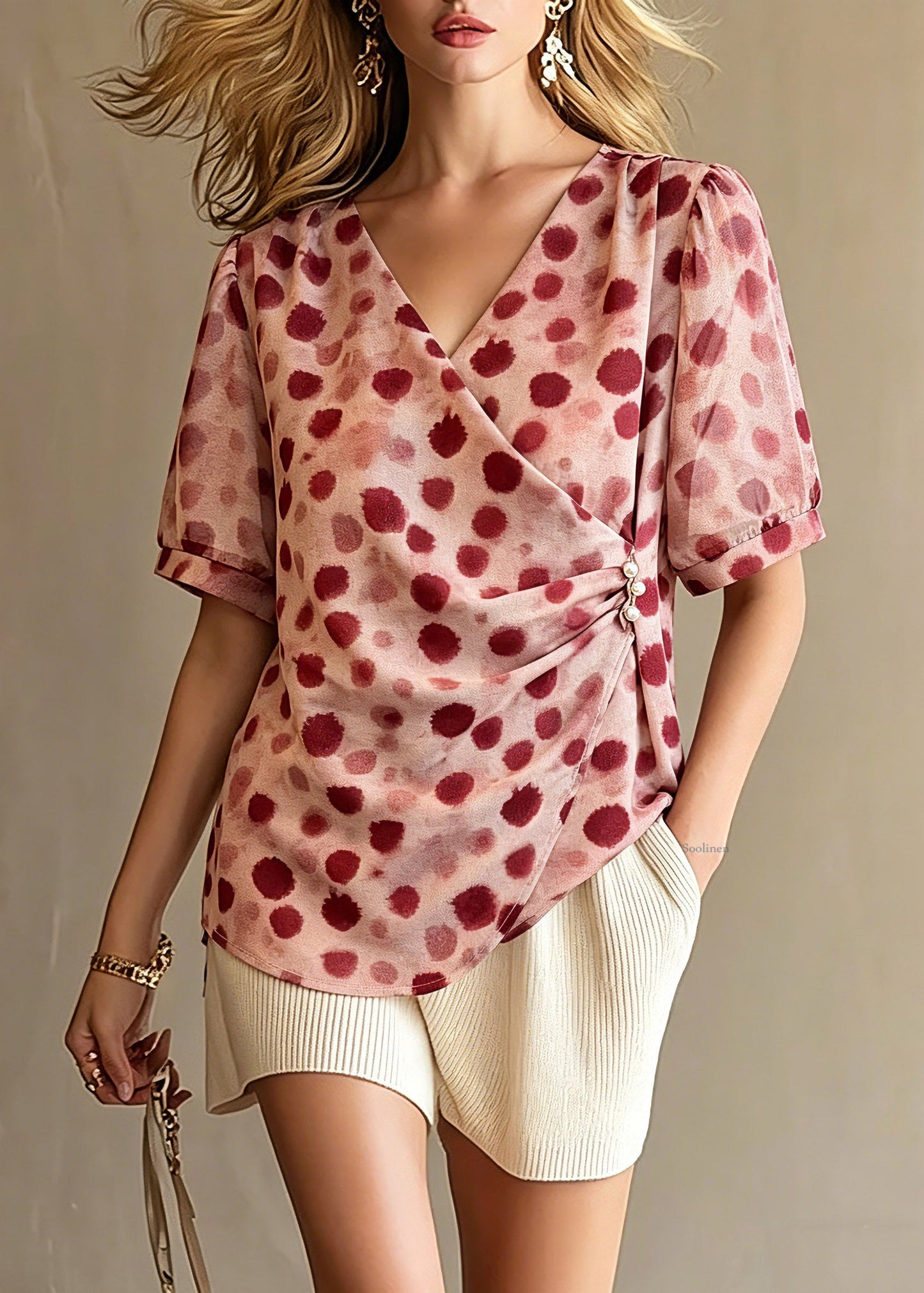 Chic Red V Neck Print Top Summer