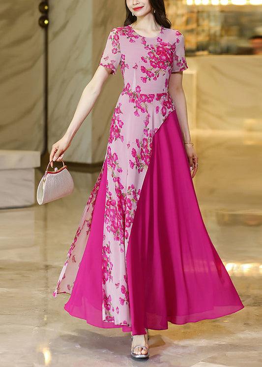 Chic Rose Asymmetrical Print Patchwork Chiffon Dresses Summer
