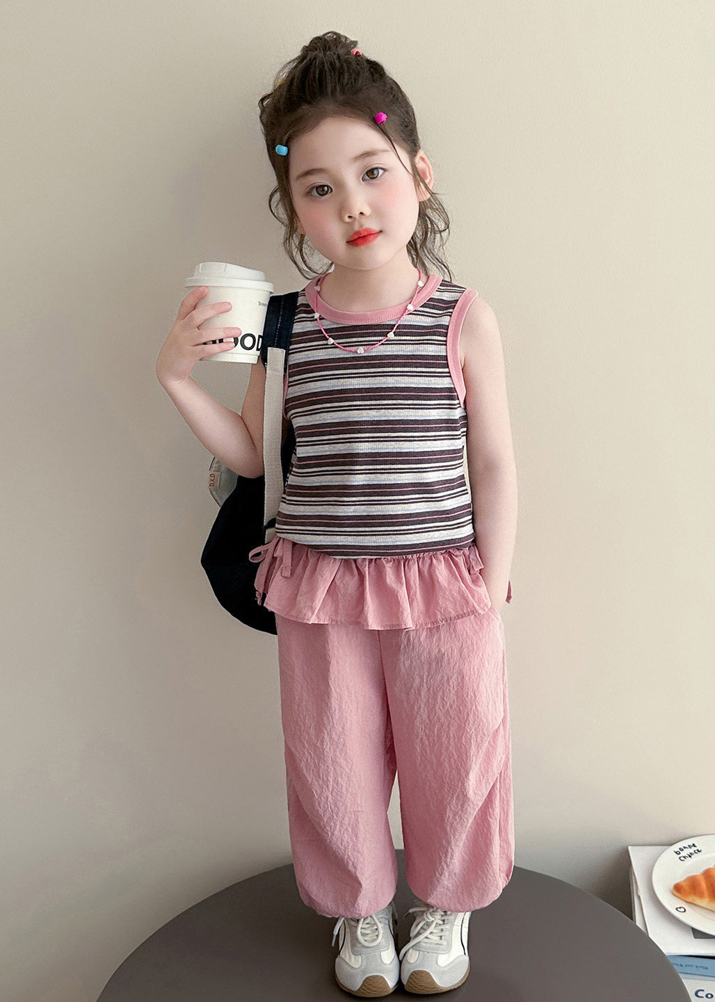 Chic Rose Ruffled Patchwork Striped Cotton Baby Girls Two Pieces Set Summer