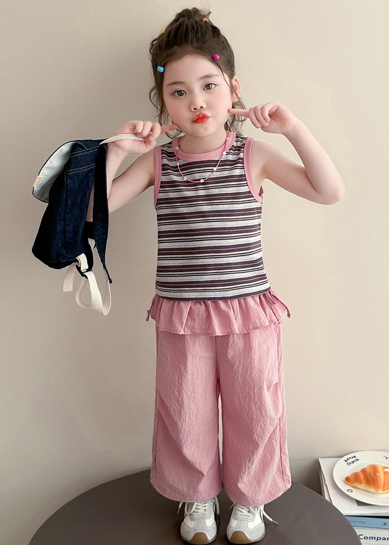 Chic Rose Ruffled Patchwork Striped Cotton Baby Girls Two Pieces Set Summer