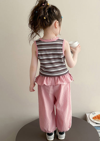 Chic Rose Ruffled Patchwork Striped Cotton Baby Girls Two Pieces Set Summer