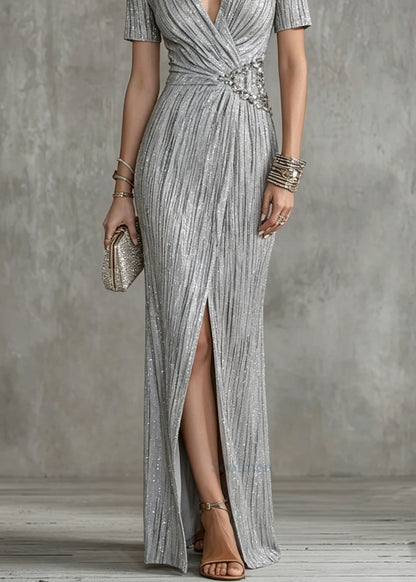 Chic Silver V Neck Zircon Slim Fit Long Dresses Summer