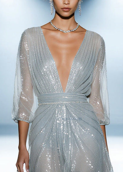 Chic Sky Blue Sequins Tulle Dinner Dress Summer
