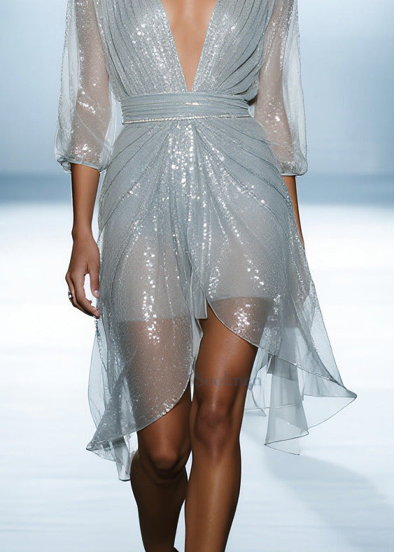 Chic Sky Blue Sequins Tulle Dinner Dress Summer