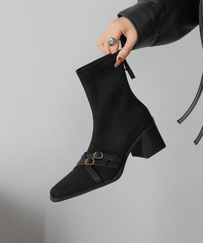 Chic Splicing Chunky Boots Brown Suede Square Toe