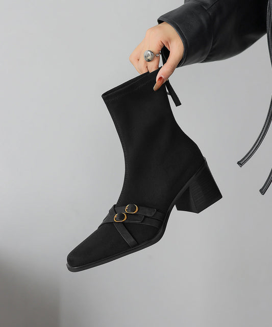 Chic Splicing Chunky Boots Brown Suede Square Toe