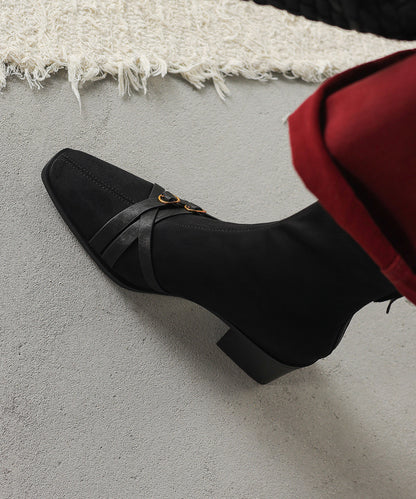 Chic Splicing Chunky Boots Brown Suede Square Toe