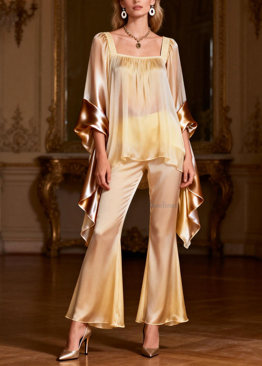 Chic Square Collar Patchwork Silk Two Pieces Set Summer