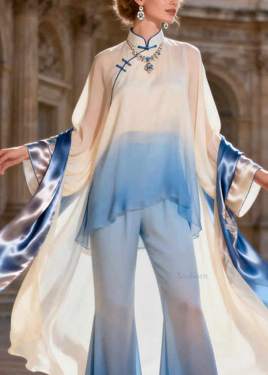 Chic Stand Collar Asymmetrical Patchwork Silk 2 Piece Outfit Spring