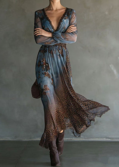 Chic V Neck Lace Print Patchwork Chiffon Long Dresses Summer