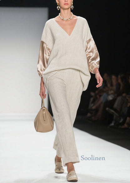 Chic V Neck Patchwork Linen Silk Two Pieces Set Spring