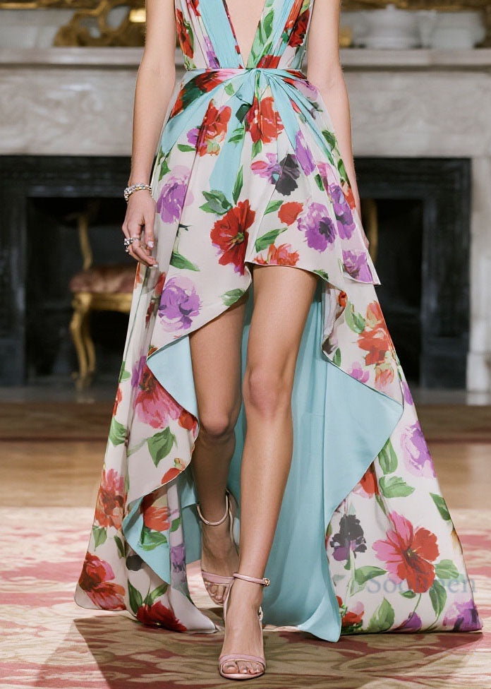 Chic V Neck Print Low High Design Chiffon Spaghetti Strap Dress Summer