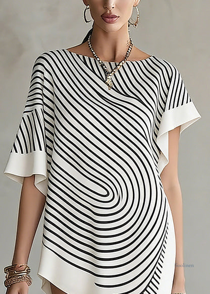 Chic White Asymmetrical Striped T Shirts Short Sleeve