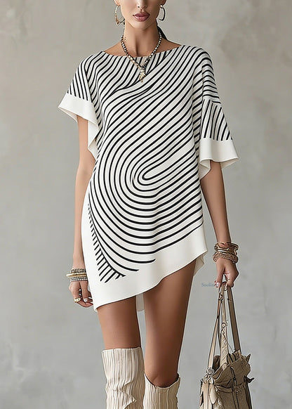 Chic White Asymmetrical Striped T Shirts Short Sleeve